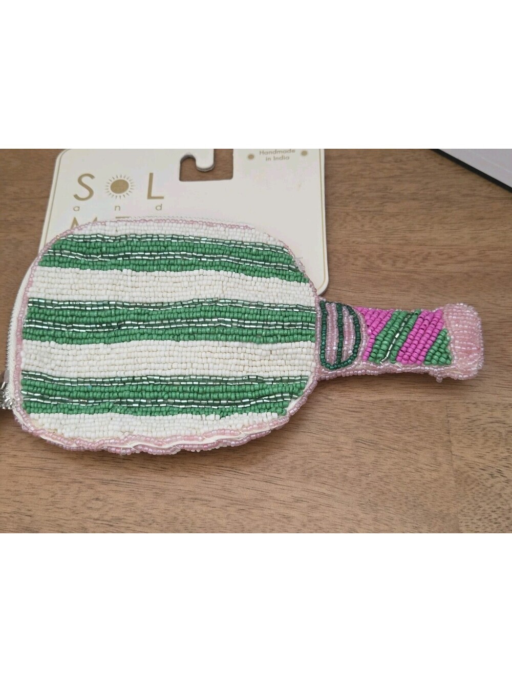 Handmade Beaded Pickleball Paddle Coin Purse Pink Green White Floral Zipper